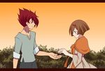  1girl bad_id bad_pixiv_id blush brown_hair dress garo:honoo_no_kokuin garo_(series) green_eyes hair_ornament hairclip hetero lara_(garo:honoo_no_kokuin) leon_luis red_eyes red_hair short_hair smile spiked_hair 