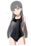  1girl amagamip arms_behind_back bare_shoulders black_eyes black_hair black_one-piece_swimsuit blunt_bangs blush breasts closed_mouth collarbone covered_navel cowboy_shot hair_ornament idolmaster idolmaster_cinderella_girls idolmaster_cinderella_girls_starlight_stage kobayakawa_sae long_hair looking_at_viewer one-piece_swimsuit simple_background small_breasts solo standing swimsuit white_background 