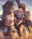  armor black_eyes brown_hair cape cloud commentary copyright_name cygames fantasy headband highres horns lance long_hair open_mouth polearm riding sash sheep shingeki_no_bahamut shorts shoulder_armor sky smile solo spaulders tetsuo_(amenohutikoma) weapon wheat windmill 