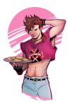 1boy absurdres arm_behind_back armpit_hair armpits body_hair cowboy_shot denim fingerless_gloves gambit gloves hairy highres jeans long_hair lukas_werneck male_focus marvel midriff muscular muscular_male pants pectorals pizza_rolls portuguese_commentary red_hair simple_background solo tray x-men x-men:_the_animated_series x-men:_the_animated_series_97 