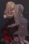  2girls bang_dream! bang_dream!_it&#039;s_mygo!!!!! black_dress black_ribbon blonde_hair blue_hair braid bubble closed_eyes commentary detached_sleeves dress french_braid grey_background grey_skirt hair_ribbon hands_on_own_cheeks hands_on_own_face highres junjun_(kimi-la) kiss kneehighs long_hair long_sleeves mask masquerade_mask medium_hair misumi_uika multiple_girls ribbon shirt sidelocks skirt socks togawa_sakiko white_shirt yuri 