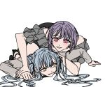  2girls a_jak bang_dream! bang_dream!_it&#039;s_mygo!!!!! black_ribbon blue_hair blush commentary_request frilled_shirt frills grey_jacket grey_shirt hair_ribbon haneoka_school_uniform jacket korean_commentary long_sleeves lying multiple_girls off-shoulder_shirt off_shoulder on_stomach parted_lips pink_eyes pinned purple_hair ribbon school_uniform shirt short_hair simple_background smile togawa_sakiko white_background yellow_eyes yuri yuutenji_nyamu 