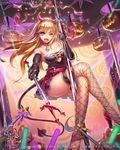  breasts bustier cleavage crossed_legs dutch_angle earrings elbow_gloves fishnet_legwear fishnets furyou_michi_~gang_road~ gloves glowstick hairband halloween high_heels horns jack-o'-lantern jewelry leather leather_gloves medium_breasts official_art one_eye_closed pole polearm ribbon shadowgrave skirt solo_focus thighhighs trident wand weapon 