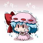  :3 bad_id bad_pixiv_id bat_wings blue_hair bow brooch chibi cold commentary_request crossed_arms dress frilled_dress frills gloom_(expression) gradient gradient_background hat hat_bow jewelry mob_cap noai_nioshi pink_dress remilia_scarlet sitting solo touhou trembling wings 