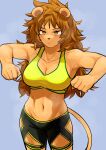  1girl absurdres animal_ears animal_nose black_pants blue_background bra breasts brown_eyes brown_hair cleavage clenched_hands closed_mouth clothing_cutout collarbone furry furry_female highres hip_vent kanke_(kank06020602) lion_ears lion_girl lion_tail long_hair lowleg lowleg_pants messy_hair navel original pants serious simple_background solo sports_bra sportswear stomach stretching tail toned underwear yellow_bra 