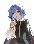 1girl absurdres artist_name asymmetrical_hair black_hairclip blue_hair bocchi_the_rock! cup drinking drinking_straw drinking_straw_in_mouth hair_between_eyes hair_ornament hair_over_one_eye hairclip highres holding holding_cup looking_at_viewer mole mole_under_eye pye_yyy short_hair simple_background solo white_background yamada_ryo yellow_eyes 