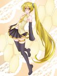  akita_neru blonde_hair chindefu collared_shirt detached_sleeves hair_ornament hexagon long_hair long_sleeves midriff navel necktie shirt side_ponytail sleeveless sleeveless_shirt sleeves_past_wrists solo thighhighs very_long_hair vocaloid yellow_eyes yellow_neckwear 