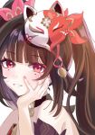  1girl bare_shoulders blunt_bangs brown_hair commentary_request facial_mark fox_mask grin hand_up highres honkai:_star_rail honkai_(series) long_hair looking_at_viewer mask mask_on_head pink_eyes pink_nails portrait simple_background smile solo sparkle_(honkai:_star_rail) sura_(sra_975) twintails very_long_hair white_background 