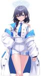  1girl blue_archive blue_necktie commentary_request commission halo highres korean_commentary necktie original pants reason_(ficafe) short_shorts shorts simple_background solo thighs white_background white_pants white_uniform 