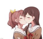  2girls artist_name bang_dream! bangs black_hair blush brown_hair double-breasted eyes_closed gyaheung hair_ribbon hanasakigawa_school_uniform hanazono_tae hug kiss long_hair long_sleeves multiple_girls neck_ribbon red_neckwear ribbon sailor_collar school_uniform sidelocks simple_background sweatdrop upper_body white_background white_sailor_collar yamabuki_saaya yellow_ribbon yuri 