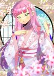  1girl :o blue_sky blurry blurry_foreground branch brown_background cloud commentary_request commission day depth_of_field egasumi floral_print flower green_eyes hair_flower hair_ornament japanese_clothes kimono kou_hiyoyo long_hair long_sleeves looking_at_viewer obi original parted_lips pink_flower pink_hair print_kimono round_window sash skeb_commission sky solo very_long_hair white_flower white_kimono wide_sleeves window 