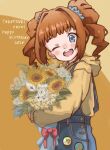  1girl blue_eyes blush bouquet brown_hair dated flower happy_birthday highres holding holding_bouquet hood hoodie idolmaster idolmaster_(classic) long_hair looking_at_viewer mikami_(3kami) one_eye_closed open_mouth overalls smile solo sunflower takatsuki_yayoi twintails upper_body 