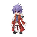  1boy biolo_(ragnarok_online) black_footwear black_gloves black_necktie chibi closed_mouth coat collared_shirt fingerless_gloves full_body gloves hair_between_eyes hand_on_own_hip high_collar holding_vial long_bangs long_sleeves looking_at_viewer male_focus necktie official_art open_clothes open_coat pants potion pouch purple_eyes purple_hair purple_vest ragnarok_online red_coat shirt shoes short_hair simple_background smile solo standing tachi-e thigh_pouch transparent_background v-shaped_eyebrows vest vial white_pants white_shirt yuichirou 