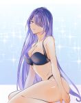  1girl acheron_(honkai:_star_rail) aoiabyss bare_arms bare_shoulders bikini blue_bikini breasts cleavage commentary highres honkai:_star_rail honkai_(series) large_breasts multicolored_hair parted_lips purple_eyes purple_hair sitting solo stomach streaked_hair swimsuit thighs white_hair 