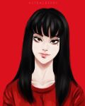  1girl animated animated_gif artist_name black_hair blinking body_horror character_request highres horror_(theme) long_hair looking_at_viewer miguel-sagrado pink_lips red_background red_shirt shirt simple_background smile solo tomie upper_body 