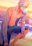  1boy abs beach blue_swim_trunks clothes_pull collarbone dog_tags dusk food food_in_mouth grey_eyes hand_on_own_leg highres idolish7 leaning_forward light_frown looking_at_viewer male_focus male_swimwear nipples parted_bangs parted_lips pectorals popsicle popsicle_in_mouth raised_eyebrow rinunu shirt shirt_pull short_hair single_bare_shoulder sky solo standing standing_on_one_leg sunlight teeth upper_body waves white_hair white_shirt yaotome_gaku 