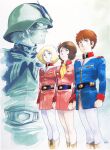  1970s_(style) 1980s_(style) 2boys 2girls amuro_ray belt blonde_hair boots brown_hair char_aznable earth_federation fraw_bow ghost gundam highres looking_ahead mobile_suit_gundam multiple_boys multiple_girls painting_(medium) production_art promotional_art retro_artstyle sayla_mass scan scarf signature traditional_media uniform watercolor_(medium) yasuhiko_yoshikazu yellow_scarf zeon 