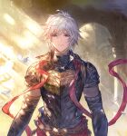  1boy ahoge arch armor bishounen blue_eyes breastplate elbow_gloves expressionless falling_feathers feathers game_cg gloves gold_trim granblue_fantasy light light_frown light_particles light_rays lucifer_(shingeki_no_bahamut) male_focus messy_hair minaba_hideo official_art red_ribbon ribbon short_hair short_sleeves solo_focus third-party_source turtleneck white_feathers white_hair 