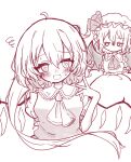  2girls ahoge ascot blush crystal_wings dress flandre_scarlet frills hand_up highres messy_hair monochrome multiple_girls npoin open_mouth puffy_short_sleeves puffy_sleeves red_dress remilia_scarlet short_sleeves simple_background sweat touhou upper_body white_background yellow_ascot 