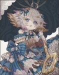  1girl :o ahoge alternate_costume animal_ears blue_eyes blue_gemstone bow commentary commentary_request cowboy_shot dress frilled_dress frilled_gloves frills from_below gem gloves granblue_fantasy hair_bow harvin holding holding_umbrella lolita_fashion looking_at_viewer messy_hair multicolored_hair postonthesuzuki short_hair solo streaked_hair symbol-shaped_pupils umbrella wamdus_(granblue_fantasy) white_hair 