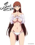  1girl absurdres blue_eyes blunt_bangs breasts brown_hair cleavage clothes_lift collarbone cowboy_shot highres kevcrexx lee_joo-hee long_hair navel panties shirt_lift solo_leveling stomach underwear white_background 