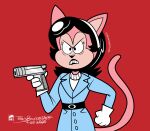 2020 angry anthro belt bickpixx black_belt black_hair black_nose blue_clothing blue_coat blue_topwear clothing coat digital_drawing_(artwork) digital_media_(artwork) domestic_cat eyelashes felid feline felis female fist frown fur gloves gun hair half-length_portrait handgun handwear hi_res holding_gun holding_handgun holding_object holding_pistol holding_ranged_weapon holding_weapon holly_richardson_(bickpixx) mammal narrowed_eyes pink_body pink_ears pink_face pink_fur pink_inner_ear pink_inner_ears pink_tail pistol portrait raised_tail ranged_weapon red_background signature simple_background solo tail topwear trenchcoat two_tone_face weapon white_clothing white_gloves white_handwear