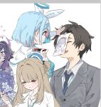  1boy 3girls :d arona_(blue_archive) black_necktie blue_archive blue_archive_the_animation blue_eyes blue_hair bow_hairband brown_hair buttons closed_eyes closed_mouth collared_shirt dohyo123123 doodle_sensei_(blue_archive) floral_print flying_sweatdrops grey_jacket hairband halo haruka_(blue_archive) holding holding_pen jacket japanese_clothes kimono long_hair multiple_girls necktie nonomi_(blue_archive) open_mouth paper paper_on_head parted_bangs pen sensei_(blue_archive) sensei_(blue_archive_the_animation) shirt short_hair smile tape white_background white_hairband white_shirt 