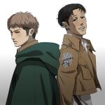  2boys back-to-back black_hair brown_hair freckles from_side highres jean_kirstein male_focus marco_bott mourning multiple_boys open_mouth paradis_military_uniform shingeki_no_kyojin short_hair sideburns smile spoilers thick_eyebrows upper_body valmendy yaoi 