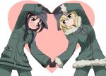  2girls black_eyes black_gloves black_hair blonde_hair blue_eyes blush brodie_helmet chito_(shoujo_shuumatsu_ryokou) coat combat_helmet cowboy_shot cross fur-trimmed_coat fur_trim gloves green_coat green_jacket green_pants hair_between_eyes hat heart helmet highres holding_hands jacket looking_at_another military military_hat military_uniform miruzawa_akechi multiple_girls nervous pants pocket shoujo_shuumatsu_ryokou smile stahlhelm translation_request two-tone_background uniform yuri yuuri_(shoujo_shuumatsu_ryokou) zipper 