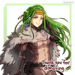  1girl artist_name belt_pouch breasts cape closed_mouth english_commentary fire_emblem fire_emblem:_the_sacred_stones fur_cape green_eyes green_hair gzei headband highres inset_border long_hair looking_at_viewer medium_breasts pouch simple_background skin_tight smile solo syrene_(fire_emblem) thank_you twitter_username white_background 