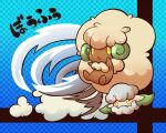  animal_focus blue_background cloud commentary_request cottonee evolutionary_line full_body kotorai looking_ahead no_humans no_nose open_mouth pokemon pokemon_(creature) polka_dot polka_dot_background translation_request whimsicott wind yellow_eyes 