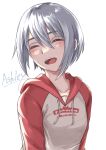  1girl ^_^ another_code another_code_recollection ashley_mizuki_robbins blush character_name closed_eyes happy highres open_mouth rei_rei_9 short_hair simple_background sweater white_hair 