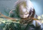 cyborg electricity magic_circle male_focus mastema metal_gear_(series) metal_gear_solid_4 mouth_hold raiden solo sword trench_coat weapon white_hair 