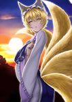  :o blonde_hair breast_hold breasts cloud dress fox_tail hat hoshara index_finger_raised long_sleeves looking_at_viewer looking_to_the_side multiple_tails narrowed_eyes open_mouth pillow_hat revision sky solo sunset tabard tail touhou upper_body yakumo_ran yellow_eyes 