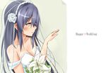  absurdres alternate_hair_length alternate_hairstyle bare_shoulders blue_hair blush bouquet breasts cleavage dress flower hair_flower hair_ornament hand_up highres jewelry kantai_collection long_hair looking_at_hand medium_breasts ring saku_(kudrove) solo tenryuu_(kantai_collection) upper_body veil wedding_band wedding_dress yellow_eyes 