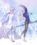  1boy 1girl artist_name barefoot bird blonde_hair blue_eyes blue_hoodie blue_pants brown_pants bruni_(frozen) closed_eyes cosplay costume_switch crossdressing crossover dress elsa_(frozen) elsa_(frozen)_(cosplay) english_text frozen_(disney) holding_hands hood hoodie jack_frost_(rise_of_the_guardians) jack_frost_(rise_of_the_guardians)_(cosplay) long_hair looking_at_another open_mouth pants rise_of_the_guardians salamander sandals seoyeon short_hair staff teeth white_dress white_hair 
