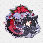  1girl :o animal_ears black_choker black_dress black_flower black_gloves black_hair black_rose blue_outline bridal_veil cat_ears chibi chibi_only choker commentary death_(granblue_fantasy) dress elbow_gloves erune flower frilled_dress frills gloves gothic_lolita granblue_fantasy hair_flower hair_ornament highres leaf leaf_hair_ornament lolita_fashion messy_hair nier_(granblue_fantasy) off-shoulder_dress off_shoulder official_alternate_costume outline patterned_background petals pollity red_eyes rose rose_petals short_hair skeleton tiara veil wedding_dress white_flower white_rose 