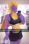 activision anthro athletic_wear atsuii bodily_fluids breasts crossgender cynder digital_media_(artwork) dragon ember_(spyro) english_text european_mythology female gym hi_res horn membrane_(anatomy) membranous_wings mythological_creature mythological_scalie mythology purple_body scalie selfie solo spyro spyro_the_dragon sweat tail text western_dragon wings