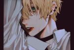  1boy black_choker blonde_hair blood blood_from_mouth brown_background choker collared_shirt ear_piercing green_eyes looking_at_viewer male_focus minai_mosa original parted_lips piercing shirt short_hair solo sweat upper_body very_short_hair 