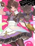  1boy ahoge bat_(animal) bat_wings belial_(granblue_fantasy) bishounen brown_gloves brown_hair commentary commentary_request cowboy_shot crossdressing dress energy fingerless_gloves frilled_dress frilled_gloves frilled_sleeves frills frying_pan gloves granblue_fantasy hair_between_eyes heart-shaped_gem holding holding_frying_pan kemonomimi_mode light_frown magic magical_girl male_focus pantyhose purple_dress red_eyes sandalphon_(granblue_fantasy) short_hair sweatdrop tki translation_request turtleneck wand wings 