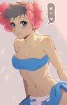  1girl bandeau blue_eyes breasts cleavage commentary dark_skin evomanaphy flower grey_hair hair_flower hair_ornament highres looking_at_viewer midriff navel phoebe_(pokemon) pink_flower pokemon pokemon_oras sarong short_hair small_breasts smile solo stomach strapless tube_top upper_body 