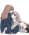  2girls a_jak arm_around_waist bang_dream! bang_dream!_it&#039;s_mygo!!!!! between_legs blue_eyes blue_shirt blue_skirt brown_hair chihaya_anon closed_mouth collared_shirt commentary_request eye_contact green_necktie grey_eyes grey_jacket haneoka_school_uniform highres hug jacket korean_commentary long_hair long_sleeves looking_at_another multiple_girls nagasaki_soyo necktie pink_hair pleated_skirt school_uniform shirt simple_background skirt tsukinomori_school_uniform white_background white_shirt yuri 