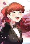  1girl blush bow closed_eyes daru falling_petals hair_bow hair_ribbon highres jacket long_hair long_sleeves open_mouth persona persona_5 persona_5_the_royal petals ponytail red_hair ribbon school_uniform shuujin_academy_school_uniform smile solo upper_body yoshizawa_kasumi 