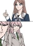  2girls a_jak bang_dream! bang_dream!_it&#039;s_mygo!!!!! blue_eyes blue_shirt brown_hair chihaya_anon closed_mouth collared_shirt commentary_request fang green_necktie grey_eyes grey_jacket grey_ribbon hand_up haneoka_school_uniform highres jacket korean_commentary long_hair long_sleeves multiple_girls nagasaki_soyo neck_ribbon necktie pink_hair ribbon sailor_collar school_uniform shirt simple_background tearing_up tears thumbs_up tsukinomori_school_uniform white_background white_sailor_collar white_shirt 