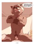 absurd_res anthro balls brown_body brown_fur crossed_arms dialogue digital_media_(artwork) duo english_text felid flaccid fur genitals guardians_of_the_galaxy hi_res humanoid_genitalia looking_at_viewer male male/male mammal marvel nude pantherine penis procyonid raccoon rocket_raccoon sadness_hao simple_background sitting sitting_on_another sitting_on_belly smile speech_bubble spread_legs spreading striped_body stripes text tiger