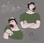anthro bear beard black_hair black_nose blep bread cake clothed clothing crossed_arms dessert drunk english_text facial_hair food fur green_clothing green_shirt green_t-shirt green_topwear grey_background hair hi_res light_body light_fur male mammal pizza red_inner_ear red_tongue ring shirt signature simple_background solo substance_intoxication t-shirt text tipsy tongue tongue_out topwear trash_bear
