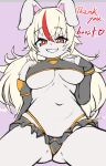 2024 anthro armwear belly big_breasts bottomwear bra breasts brown_eyes butt clothed clothing digital_media_(artwork) english_text eyebrow_through_hair eyebrows female fur hair heart_symbol hi_res kemono kurokurage13 lagomorph leporid long_hair looking_at_viewer mammal miniskirt navel nipple_outline panties partially_clothed rabbit skirt smile solo text thanking translucent translucent_hair under_boob underwear white_body white_fur white_hair