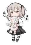  1girl biting black_dress blush boko_(girls_und_panzer) chibi dress full_body girls_und_panzer grey_eyes grey_hair hairband holding holding_stuffed_toy long_hair looking_at_viewer nekopantsu_(blt) one_side_up pantyhose shimada_arisu solo striped_clothes striped_pantyhose stuffed_animal stuffed_toy teddy_bear 