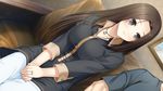  1girl black_eyes blush breasts brown_hair couch game_cg haru_kiss highres large_breasts long_hair looking_away mikoto_akemi picture_(object) ring seto_nadeshiko sitting skirt smile 