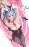  1girl armpits arms_up bare_shoulders black_leotard black_pantyhose blue_eyes blue_hair bound bound_wrists breasts breasts_apart clothing_cutout collar crossed_legs cuffs cutout_above_navel detached_collar handcuffs hatsune_miku heart heart-shaped_pupils heart_cutout highleg highleg_leotard highres knife leotard looking_at_viewer medium_breasts medium_hair necktie open_mouth pantyhose pink_necktie playboy_bunny pole quilm rabbit_hole_(vocaloid) scissors signature solo standing stomach_cutout strapless strapless_leotard symbol-shaped_pupils target thought_bubble twintails vocaloid white_collar white_wrist_cuffs wrist_cuffs 